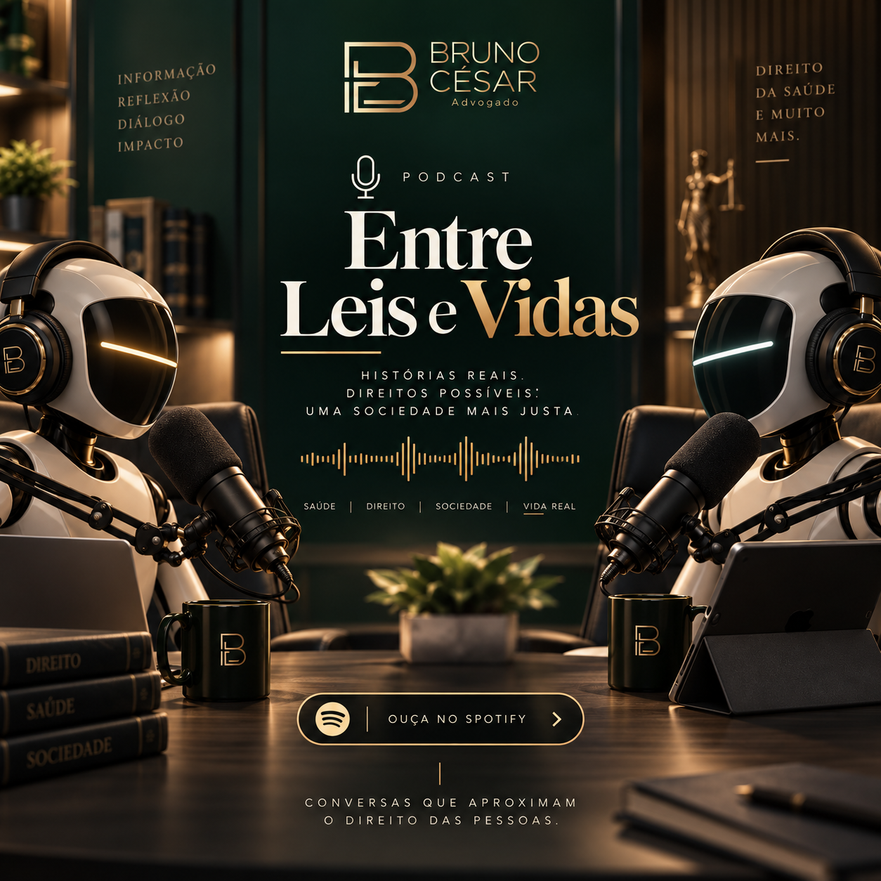 Capa do podcast Entre Leis e Vidas, com dois apresentadores virtuais de inteligência artificial em um estúdio